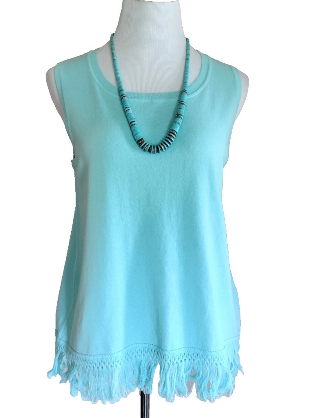 STS Sail to Sable Sleeveless Sweater Knit Top L Turquoise Fringe Hem